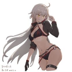Rule 34 | 1girl, absurdres, ahoge, asymmetrical sleeves, bikini, black bikini, black gloves, black jacket, breasts, choker, cleavage, cropped jacket, cropped legs, dated, davidhuang701, fate/grand order, fate (series), floating hair, gloves, grey hair, twirling hair, highres, jacket, jeanne d&#039;arc alter (fate), jeanne d&#039;arc alter (swimsuit berserker) (fate), katana, large breasts, long hair, long sleeves, looking at viewer, navel, o-ring, o-ring bikini, parted lips, red thighhighs, shrug (clothing), simple background, single glove, smile, solo, swimsuit, sword, thigh strap, thighhighs, thighs, underboob, very long hair, weapon, white background, yellow eyes