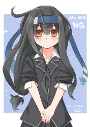 Rule 34 | 1girl, absurdres, ahoge, black hair, black skirt, blazer, blue headband, commentary request, hatsushimo (kancolle), hatsushimo kai ni (kancolle), headband, highres, jacket, kantai collection, long hair, low-tied long hair, one-hour drawing challenge, pleated skirt, red eyes, school uniform, skirt, sleeves rolled up, solo, v arms, watashitachino kareshi