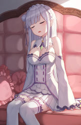 1girl arms_at_sides bare_shoulders blunt_bangs braid breasts cleavage closed_eyes crown_braid detached_collar detached_sleeves dress elf emilia_(re:zero) flower frilled_pillow frills hair_flower hair_ornament hair_ribbon hanavvi highres indoors long_hair long_sleeves medium_breasts miniskirt open_mouth pillow pleated_skirt pointy_ears purple_ribbon re:zero_kara_hajimeru_isekai_seikatsu ribbon rose silver_hair sitting skirt sleeping solo thighhighs white_dress white_flower white_rose white_skirt white_thighhighs x_hair_ornament zettai_ryouiki