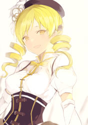 Rule 34 | 1girl, :d, blonde hair, breasts, curly hair, happy, hat, large breasts, long hair, lpip, magical girl, mahou shoujo madoka magica, mahou shoujo madoka magica (anime), open mouth, ribbon, smile, solo, tomoe mami, twintails, upper body, white background, yellow eyes