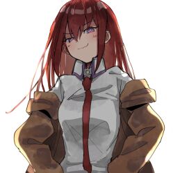 1girl blush brown_jacket closed_mouth collared_shirt commentary_request highres jacket long_hair looking_at_viewer makise_kurisu necktie off_shoulder open_clothes open_jacket red_necktie shirt simple_background smile solo steins;gate suehiroch0 upper_body white_background white_shirt