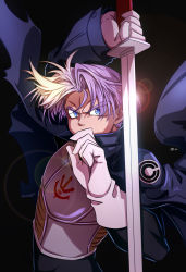 Rule 34 | 1boy, blue eyes, capsule corp, dragon ball, gloves, highres, holding, holding sword, holding weapon, jacket, looking at viewer, male focus, purple hair, saiyan armor, shumai (sm318), solo, sword, trunks (dragon ball), trunks (future) (dragon ball), weapon, white gloves