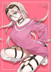 Rule 34 | 1girl, absurdres, ahoge, alternate costume, antenna hair, arm support, barbed wire, bare shoulders, black choker, black gloves, blonde hair, choker, closed mouth, collarbone, commentary request, danganronpa (series), danganronpa v3: killing harmony, fingerless gloves, gloves, goggles, goggles on head, hair between eyes, hana mori mikan, hand on own hip, highres, holster, huge filesize, iruma miu, jewelry, letterboxed, long hair, long sleeves, looking at viewer, messy hair, necklace, o-ring, o-ring bottom, pink background, simple background, skindentation, smile, solo, squatting, sweater, thigh holster, thigh strap, twitter username, white legwear