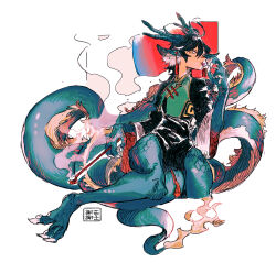 Rule 34 | 1boy, animal ear fluff, animal ears, animal feet, animal hands, antenna hair, antlers, black hair, blue scales, blue skin, braid, braided ponytail, candy, changpao, chinese clothes, claws, colored skin, dragon boy, dragon ears, dragon tail, fewer digits, food, full body, fur-tipped tail, hair between eyes, hand up, holding, holding candy, holding food, holding lollipop, horns, kiseru, lollipop, long hair, long sleeves, looking at viewer, male focus, mandarin collar, monster boy, multicolored skin, orange eyes, original, pdozip, pelvic curtain, red background, scales, single braid, sitting, sitting on own tail, slit pupils, smoke, smoke trail, smoking pipe, solo, tail, trap, tsurime, very long tail, white background, wide sleeves
