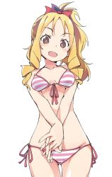 Rule 34 | 1girl, bikini, blonde hair, bow, breasts, brown eyes, cowboy shot, drill hair, eromanga sensei, front-tie top, gluteal fold, ixy, looking at viewer, open mouth, own hands clasped, own hands together, pink bikini, pink bow, ponytail, ringlets, side-tie bikini bottom, simple background, small breasts, smile, solo, standing, striped bikini, striped clothes, swimsuit, thigh gap, twin drills, white background, yamada elf