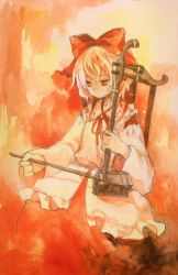 Rule 34 | 1girl, ancient, blonde hair, bow, chair, commentary request, detached sleeves, erhu, highres, instrument, japanese clothes, kaigen 1025, miko, music, playing instrument, red bow, red eyes, red skirt, satsuki rin, shirt, short hair, sitting, skirt, touhou, white shirt, wide sleeves, wooden chair