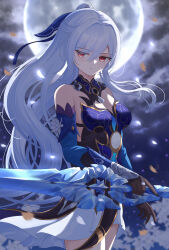 Rule 34 | 1girl, absurdres, bare shoulders, black gloves, blue bow, blue dress, blue skirt, blue sleeves, bow, breasts, cleavage, commentary, cowboy shot, detached sleeves, dress, full moon, gloves, hair between eyes, hair bow, hair intakes, highres, holding, holding sword, holding weapon, honkai: star rail, honkai (series), jingliu (honkai: star rail), large breasts, long hair, looking down, moon, nanashi1329, parted lips, petals, ponytail, red eyes, sidelocks, skirt, solo, standing, sword, weapon