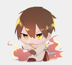 Rule 34 | 1boy, arudente (einisikawaiiyo), belt, brown footwear, brown gloves, brown hair, capelet, chibi, commentary request, fire, gloves, grey background, hair between eyes, jabuchi you, long sleeves, open mouth, pants, red pants, saibou shinkyoku, short hair, simple background, solo, white capelet, yellow eyes