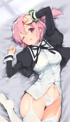 Rule 34 | 1girl, arm up, artist name, assault lily, bed sheet, black ribbon, blush, breasts, clover hair ornament, commentary request, cowboy shot, cropped jacket, dress shirt, four-leaf clover hair ornament, garter belt, gluteal fold, hair between eyes, hair ornament, hand on own head, hand up, highres, hitotsuyanagi riri, juliet sleeves, long sleeves, looking at viewer, lying, medium breasts, navel, neck ribbon, no pants, no shoes, on back, one eye closed, one side up, open mouth, panties, pink eyes, pink hair, puffy sleeves, ribbon, school uniform, shirt, short hair, soles, solo, stomach, teeth, thighhighs, underwear, upper teeth only, white panties, white shirt, white thighhighs, window shadow, yaegashi nan, yurigaoka girls academy school uniform