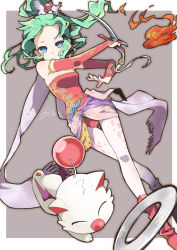Rule 34 | 1girl, blue eyes, detached sleeves, final fantasy, final fantasy vi, fire, green hair, hair ornament, holding, holding sword, holding weapon, io naomichi, leotard, mog, moogle, pantyhose, ponytail, sarong, scarf, simple background, strapless, strapless leotard, sword, tina branford, weapon