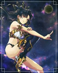 Rule 34 | 1girl, armlet, asymmetrical legwear, asymmetrical sleeves, bare shoulders, black hair, breasts, bridal gauntlets, crown, earrings, elbow gloves, fate/grand order, fate (series), gloves, hair ribbon, high heels, highres, hoop earrings, ishtar (fate), jewelry, large breasts, long hair, looking at viewer, neck ring, parted bangs, red eyes, ribbon, single elbow glove, single thighhigh, smile, solo, tanedahiwa (carduelini), thighhighs, two side up, uneven legwear, uneven sleeves
