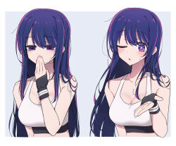 Rule 34 | 1girl, bare shoulders, black gloves, blowing kiss, breasts, channel ( caststation), collarbone, commentary, covering own mouth, fingerless gloves, gloves, hand over own mouth, highres, hoshino ai (oshi no ko), large breasts, long hair, multicolored eyes, multicolored hair, one eye closed, oshi no ko, purple hair, sidelocks, simple background, sports bra, star-shaped pupils, star (symbol), streaked hair, sweat, symbol-shaped pupils, upper body, white sports bra