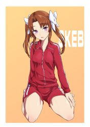 Rule 34 | 1girl, alternate costume, barefoot, breasts, brown hair, commission, hair ribbon, highres, kagerou (kancolle), kantai collection, kukurus, long hair, looking at viewer, medium breasts, open mouth, orange background, purple eyes, red shorts, ribbon, seiza, shorts, simple background, sitting, skeb commission, solo, track suit, twintails, white ribbon