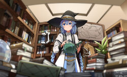 Rule 34 | 1girl, absurdres, black hat, blue eyes, blue hair, blurry, book, book stack, bookshelf, braid, brown cape, cape, ceiling, chubb, closed mouth, commentary request, crossed bangs, depth of field, dress, fisheye, hair between eyes, hat, highres, holding, holding book, indoors, library, long braid, long hair, long sleeves, low twin braids, mage staff, map, mushoku tensei, pixiv id, plant, potted plant, roxy migurdia, smile, solo, staff, standing, twin braids, twitter username, unworn cape, white dress, witch hat