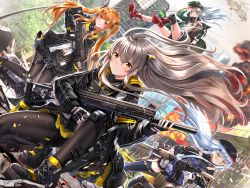 Rule 34 | 404 (girls&#039; frontline), 4girls, :q, aircraft, arm up, armband, assault rifle, beret, black bow, black footwear, black gloves, black jacket, black shorts, black skirt, blue hair, blush, boots, bow, brown eyes, brown hair, brown legwear, building, bullpup, burning, car, caseless firearm, closed mouth, commentary request, cross-laced footwear, day, dress shirt, dutch angle, fingerless gloves, fire, flat cap, floating hair, g11 (girls&#039; frontline), girls&#039; frontline, gloves, green eyes, green hair, green jacket, gun, h&amp;k g11, h&amp;k hk416, h&amp;k ump, hair between eyes, hair bow, hair ornament, hairclip, hand on headwear, hat, heckler &amp; koch, helicopter, highres, hk416 (girls&#039; frontline), holding, holding gun, holding weapon, holster, jacket, lace-up boots, long hair, long sleeves, looking at viewer, motor vehicle, multiple girls, name connection, navel, object namesake, on one knee, one side up, open clothes, open jacket, outdoors, pantyhose, parted lips, pleated skirt, purple jacket, purple legwear, red eyes, red footwear, rifle, rubble, scar, scar across eye, scar on face, shirt, shoe soles, short shorts, shorts, silver hair, skirt, skyscraper, smile, smoke, standing, swordsouls, thigh holster, thighhighs, tongue, tongue out, tree, trigger discipline, twintails, ump45 (girls&#039; frontline), ump9 (girls&#039; frontline), very long hair, weapon, white gloves, white shirt, window magazine