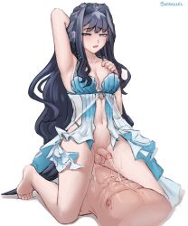 Rule 34 | arm behind head, black hair, blue eyes, breasts, character request, cum, cum on body, cum on upper body, ejaculation, feet, highres, horny face, long hair, medium breasts, seraziel, small dick, small penis, thick thighs, thighs