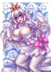 Rule 34 | 1girl, breasts, cleavage, dress, earrings, fangs, ghost pose, gloves, huge breasts, jewelry, long dress, long hair, mario (series), new super mario bros. u deluxe, open mouth, pointy ears, princess king boo, purple eyes, sevie, silver hair, smile, solo, super crown, white dress, white gloves
