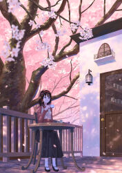 Rule 34 | 1girl, absurdres, black footwear, black hair, black skirt, brown eyes, building, cafe, cherry blossoms, closed mouth, cup, dappled sunlight, door, doorknob, hairband, highres, holding, holding cup, long hair, original, outdoors, red hairband, red shirt, restaurant, scenery, shirt, shurock, sitting, skirt, smile, socks, solo, sunlight, teacup, white socks