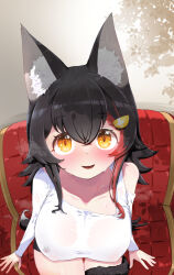Rule 34 | 1girl, animal ear fluff, animal ears, black hair, blush, breasts, cleavage, hair ornament, hairpin, highres, hololive, kani bonara, large breasts, long hair, looking at viewer, multicolored hair, ookami mio, ookami mio (casual), open mouth, red hair, shirt, streaked hair, tail, tail wrap, virtual youtuber, white shirt, wolf ears, wolf girl, wolf tail, yellow eyes