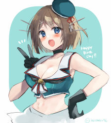 Rule 34 | beret, black gloves, blue eyes, breasts, brown hair, cowboy shot, gloves, green shirt, hair ornament, hairclip, happy birthday, hat, hat ribbon, hatomaru (hatomaru56), headgear, kantai collection, large breasts, maya (kancolle), maya kai ni (kancolle), midriff, navel, one-hour drawing challenge, pleated skirt, red ribbon, ribbon, shirt, short hair, skirt, sleeveless, solo, two-tone background, white skirt, x hair ornament