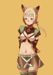 Rule 34 | 00s, 1girl, animal ears, arms behind back, bad id, bad pixiv id, blonde hair, blue eyes, bow, branch (blackrabbits), cat ears, choker, final fantasy, final fantasy xi, hair bow, headband, midriff, mithra (ff11), navel, ponytail, smile, solo, thighhighs