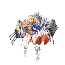 Rule 34 | 15k, 1girl, aiguillette, blonde hair, blue eyes, blue jacket, braid, breasts, buttons, cannon, closed mouth, crown braid, double-breasted, epaulettes, flag, france, french flag, full body, gloves, holding, holding flag, holding sword, holding weapon, jacket, legs apart, long hair, long sleeves, looking at viewer, machinery, military, military uniform, official art, red sash, remodel (warship girls r), richelieu (warship girls r), saber (weapon), sash, shorts, side ponytail, solo, standing, sword, thighhighs, transparent background, turret, uniform, warship girls r, weapon, white gloves, white shorts, white thighhighs