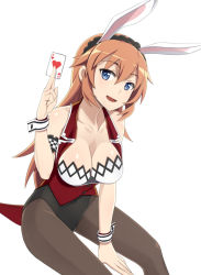 Rule 34 | 1girl, animal ears, armband, black pantyhose, blue eyes, breasts, card, charlotte e. yeager, cleavage, fake animal ears, hearts (playing card), leotard, long hair, looking at viewer, nanashino, orange hair, pantyhose, playboy bunny, playing card, rabbit ears, simple background, sitting, solo, strike witches, vest, white background, world witches series, wrist cuffs