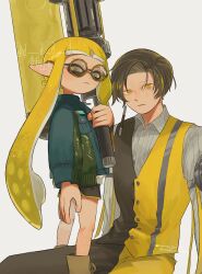 Rule 34 | 1boy, 1girl, black hair, black shorts, blonde hair, blue jacket, brown-framed eyewear, brown footwear, claude von riegan, closed mouth, commentary request, dolphin shorts, dynamo roller (splatoon), fire emblem, fire emblem: three houses, glasses, green jacket, highres, holding, holding weapon, inkling, inkling girl, inkling player character, jacket, long hair, looking at viewer, multicolored clothes, multicolored jacket, nintendo, pointy ears, round eyewear, short hair, short shorts, shorts, simple background, splatoon (series), splatoon 3, tentacle hair, totocosakana, two-tone jacket, very long hair, weapon, white background, yellow eyes, yellow trim