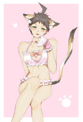 Rule 34 | 1boy, ahoge, animal ears, arm behind back, blush, breasts, brown eyes, brown hair, cat boy, cat ears, cat girl, cat tail, cleavage, cleavage cutout, clothing cutout, collarbone, commentary request, danganronpa (series), danganronpa 2: goodbye despair, feet out of frame, foreshortening, green eyes, grey background, hand up, highres, hinata hajime, invisible chair, kemonomimi mode, looking at viewer, male focus, medium breasts, navel, paw print, shiny skin, short hair, sitting, smile, solo, stomach, tail, tongue, tongue out, underwear, wrist cuffs, xuni guodu (calrxaqp)