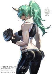 Rule 34 | 1girl, arknights, artist name, ass, breasts, brown eyes, contrapposto, cowboy shot, dimples of venus, dumbbell, exercising, from side, green hair, han-0v0, horns, hoshiguma (arknights), long hair, medium breasts, open mouth, ponytail, shiny clothes, simple background, single horn, solo, sports bra, sweat, tattoo, weibo watermark, white background