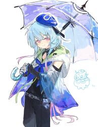 Rule 34 | 1boy, aqua hair, arknights, black shirt, black shorts, blue hat, blue neckerchief, gloves, gradient hair, hat, highres, holding, holding umbrella, hood, hood down, infection monitor (arknights), looking at viewer, male focus, mizuki (arknights), multicolored hair, neckerchief, osakanadream, pink eyes, pink hair, see-through, see-through sleeves, shirt, short hair with long locks, shorts, simple background, solo, umbrella, white background