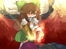 Rule 34 | 1girl, arm cannon, bow, brown hair, cape, commentary request, glowing, hair bow, hammer (sunset beach), open mouth, purple hair, reiuji utsuho, skirt, smile, touhou, weapon, wings