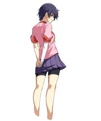 Rule 34 | 1girl, :d, arms behind back, bakemonogatari, bandaged arm, bandages, bike shorts, black hair, black shorts, breasts, brown eyes, commentary, cropped legs, english commentary, feet out of frame, from behind, grin, highres, juliet sleeves, kanbaru suruga, kneepits, long sleeves, looking at viewer, looking back, miniskirt, monogatari (series), naoetsu high school uniform, neck ribbon, open mouth, pink shirt, pleated skirt, puffy sleeves, purple skirt, ribbon, school uniform, shirt, short hair, short sleeves, shorts, shorts under skirt, sideways mouth, simple background, skirt, small breasts, smile, solo, standing, suma (sumairuzu), thigh gap, tomboy, very short hair, white background, yellow ribbon
