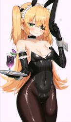 Rule 34 | 1girl,  gloves, absurdres, animal ears, bare shoulders, black choker, black gloves, black leotard, blonde hair, bow, breasts, brown pantyhose, choker, closed mouth, collarbone, covered navel, cowboy shot, cup, drinking glass, elbow gloves, eyepatch, fake animal ears, fischl (genshin impact), frilled choker, frills, frown, genshin impact, gloves, green eyes, groin, hair bow, hand up, headdress, highleg, highleg leotard, highres, holding, hurricane glass, latex, latex gloves, leotard, long hair, looking at viewer, medium breasts, no bra, pantyhose, playboy bunny, rabbit ears, shiny clothes, shiny legwear, sidelocks, simple background, solo, standing, strapless, strapless leotard, two side up, w.k, white background