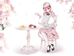 Rule 34 | 1girl, black footwear, blurry, blurry foreground, blush, breasts, cake, chair, crossed legs, cup, dadamyu, dress, flower, food, frilled dress, frilled headwear, frills, full body, gigantic breasts, highres, holding, holding cup, long hair, pink dress, pink eyes, pink hair, plate, simple background, sitting, smile, solo, table, tea, teacup, two-tone dress, white background, white dress