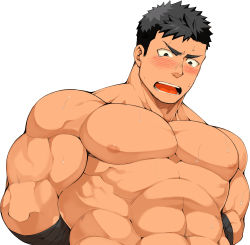 Rule 34 | 1boy, abs, arms behind back, bandaged arm, bandages, bara, blush, eyebrow cut, highres, large pectorals, male focus, muscular, muscular male, naop (anything), nipples, nude, original, out-of-frame censoring, pectorals, sexually suggestive, short hair, sideburns, solo, stomach, sweat, upper body