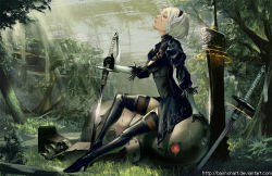 Rule 34 | 1girl, 2b (nier:automata), arm at side, baimon, black dress, black footwear, black gloves, black hairband, black thighhighs, blue eyes, boots, breasts, brown thighhighs, chain, closed mouth, day, debris, deviantart username, dress, feather-trimmed sleeves, feather trim, full body, gloves, greatsword, hair between eyes, hairband, hand up, high heel boots, high heels, huge weapon, juliet sleeves, katana, lips, long sleeves, medium breasts, mole, mole under mouth, moss, nature, nier:automata, nier (series), no blindfold, nose, outdoors, pink lips, planted, planted sword, planted weapon, puffy sleeves, ribbed dress, robot, ruins, short dress, short hair, solo, sword, tassel, thigh boots, thighhighs, tree, turtleneck, vambraces, watermark, weapon, weapon on back, web address, white hair