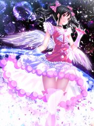 Rule 34 | 10s, 1girl, black hair, bow, choker, confetti, dress, frills, gloves, hair bow, highres, jewelry, love live!, love live! school idol festival, love live! school idol project, m/, microphone, open mouth, pink dress, pinstripe pattern, red dress, red eyes, short hair, smile, solo, striped clothes, striped thighhighs, swordsouls, thighhighs, twintails, vertical-striped clothes, vertical-striped thighhighs, white gloves, wings, yazawa nico