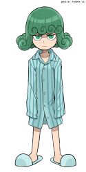 Rule 34 | 1girl, absurdres, closed mouth, curly hair, frown, full body, gnsisir, green eyes, green hair, highres, looking at viewer, one-punch man, one (style), pajamas, parody, simple background, sleeves past fingers, sleeves past wrists, slippers, solo, standing, striped clothes, striped pajamas, style parody, tatsumaki, white background