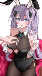 Rule 34 | @ @, absurdres, ace (playing card), ace of spades, animal ears, azur lane, bare shoulders, blue eyes, blush, bow, bowtie, breasts, card, cleavage, cleavage reach, collar, commission, commissioner upload, embarrassed, grey hair, hair between eyes, hair ornament, hair through headwear, highres, holding, holding card, intrepid (azur lane), king (playing card), king of clubs, large breasts, leggings, leotard, long hair, looking at viewer, mole, mole on breast, non-web source, on chair, open mouth, playboy bunny, playing card, rabbit ears, sideboob, simple background, spade (shape), two side up, vayneeeee, wrist cuffs