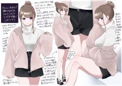 Rule 34 | 1girl, belt, black footwear, black shorts, blush, closed mouth, commentary request, cowboy shot, facing viewer, feet out of frame, full body, hair bun, high-waist shorts, high heels, jacket, kuro (toi et moi), light brown hair, long sleeves, looking at viewer, looking to the side, mary janes, mole, mole under mouth, multiple views, off-shoulder jacket, off shoulder, original, pink jacket, purple eyes, ribbed sweater, shoes, short hair, shorts, sidelocks, simple background, single hair bun, sitting, sleeves past wrists, smile, socks, solo, standing, sweater, swept bangs, translation request, turtleneck, turtleneck sweater, white background, white socks, white sweater