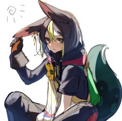 Rule 34 | 1boy, animal ears, asymmetrical sleeves, black hair, blush, commentary request, flower, fox boy, fox ears, fox tail, genshin impact, gloves, green eyes, green hair, hair between eyes, highres, hot, looking at viewer, male focus, multicolored hair, parted lips, simple background, sitting, sketch, snzisnr, solo, streaked hair, sweat, tail, tighnari (genshin impact), uneven sleeves, white background, yellow flower