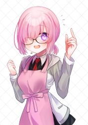 Rule 34 | 1girl, :d, absurdres, apron, black-framed eyewear, black shirt, black skirt, collared shirt, fate/grand order, fate (series), glasses, grey sleeves, hair over one eye, harukappa, highres, hood, hood down, hooded jacket, jacket, long hair, long sleeves, looking at viewer, mash kyrielight, miniskirt, necktie, open mouth, pink apron, pink hair, purple eyes, red necktie, shirt, skirt, smile, solo, wing collar