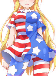 Rule 34 | 1girl, absurdres, american flag, american flag dress, american flag legwear, american flag shirt, arms at sides, blonde hair, blush, breasts, clenched hands, close-up, clownpiece, contrapposto, dress, frilled shirt collar, frills, head out of frame, highres, hiro (pqtks113), impossible clothes, long hair, medium breasts, no wings, outside border, pantyhose, parted lips, pink eyes, short dress, short sleeves, smile, solo, standing, striped clothes, striped pantyhose, touhou, very long hair