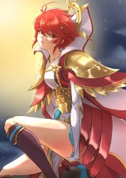 Rule 34 | 1girl, ahoge, armor, boots, cape, circlet, deekei, fire emblem, fire emblem fates, fire emblem heroes, gloves, gold trim, hair between eyes, highres, hinoka (fire emblem), hinoka (thundering wings) (fire emblem), japanese clothes, knee boots, looking at viewer, nintendo, official alternate costume, red eyes, red hair, short hair, shoulder armor, solo, thighs