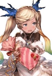 Rule 34 | 10s, 1girl, artist request, bad id, bad twitter id, blonde hair, blue eyes, blue hair, blush, gift, gradient hair, granblue fantasy, green hair, hair ornament, io (granblue fantasy), itsukia, long hair, looking away, looking to the side, matching hair/eyes, minaba hideo, multicolored hair, official art, open mouth, pov, solo, tan, transparent background, twintails, upper body