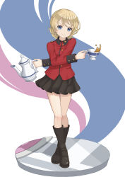 Rule 34 | 1girl, absurdres, blonde hair, blue eyes, braid, closed mouth, crossed ankles, crossed arms, cup, darjeeling (girls und panzer), full body, girls und panzer, highres, holding, holding cup, holding teapot, looking at viewer, qgkmn541, short hair, smile, solo, spilling, st. gloriana&#039;s military uniform, standing, teacup, teapot, twin braids