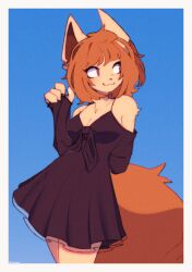 Rule 34 | 1girl, :3, acinaces, animal ears, animal nose, black dress, border, breasts, brown eyes, cleavage, clothing cutout, collarbone, dress, furry, furry female, grey border, highres, looking to the side, medium breasts, original, shoulder cutout, simple background, sleeves past wrists, smile, solo, tail