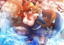 Rule 34 | 1girl, absurdres, armor, bare shoulders, blue dress, breasts, cleavage, dress, fishnets, greaves, green eyes, hair over one eye, highres, large breasts, lips, long hair, mire00mire, nail polish, naruto (series), naruto shippuuden, red hair, solo, squatting, terumi mei, topknot, very long hair