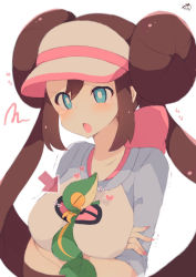 Rule 34 | 1girl, arms under breasts, arrow (symbol), bad id, bad pixiv id, between breasts, blue eyes, blush, breast hold, breasts, brown hair, closed eyes, commentary request, creatures (company), double bun, game freak, gen 5 pokemon, hair bun, heart, highres, large breasts, long hair, muuran, nintendo, open mouth, pokemon, pokemon (creature), pokemon bw2, rosa (pokemon), shirt, short sleeves, sidelocks, simple background, snivy, squiggle, tears, twintails, upper body, visor cap, white background, white headwear, white shirt